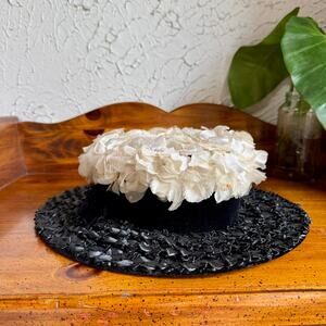 Vintage 1960s Floral Hat Sears Millinery Black Velvet White Flowers Wide Brim